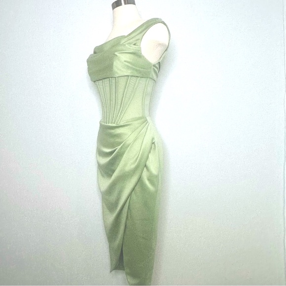 House of CB 'Lulu' Corset Sheer Panel Satin Draped Dress Pistachio XS  US 2-4 - Picture 8 of 16